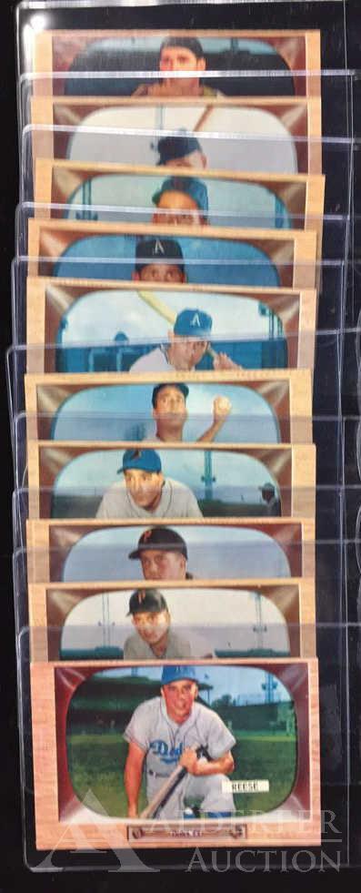 1955 Bowman Baseball Cards (10): Different 1955 Bowman baseball cards (10) - #37 Pee Wee Reese (Hall of Fame), #50 Hobie Landrith, #51 Elvin Tappe, #52 Hal Rice, #53 Alex Kellner, #54 Don Bollweg, #55 Carl Abrams, #56 Billy Cox, #57