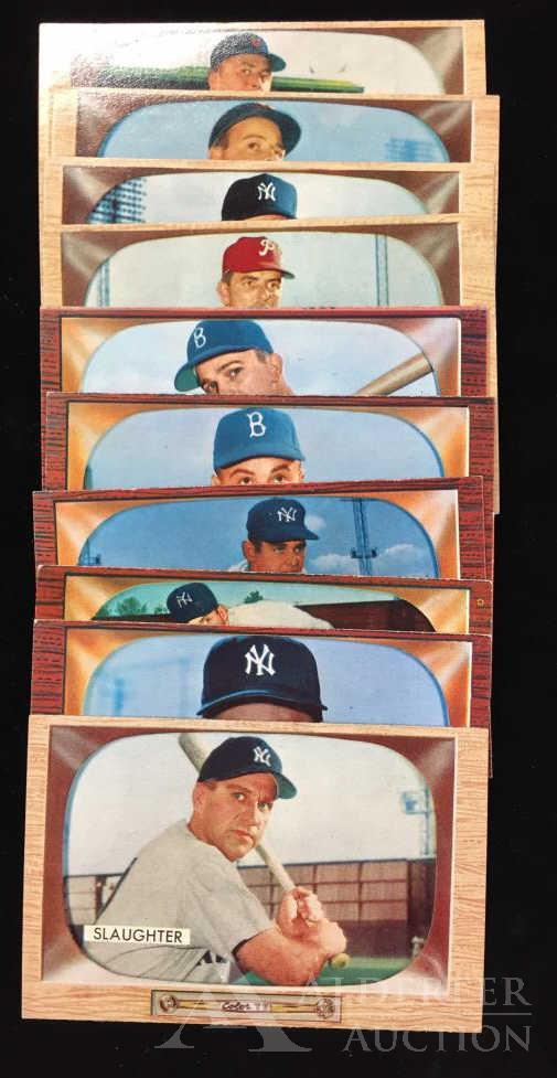 1955 Bowman Baseball Cards (10): Different 1955 Bowman baseball cards (10) - #60 Enos Slaughter (Hall of Fame), #61 Paul LaPalme, #62 Royce Lint, #63 Irv Noren, #64 Curt Simmons, #65 Don Zimmer (rookie), #66 George Shuba, #67 Don Lar