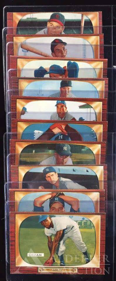 1955 Bowman Baseball Cards (10): Different 1955 Bowman baseball cards (10) - #97 Johnny Podres, #98 Junior Gilliam, #99 Jerry Coleman, #100 Tom Morgan, #101 Don Johnson, #102 Bobby Thomson, #104 Bob Porterfield, #105 Johnny Schmitz,
