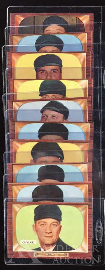 1955 Bowman Baseball Cards (10): Different 1955 Bowman baseball umpire cards (10) - #226 W.F. Mckiney, #235 J.A. Paparella, #258 John Stevens, #281 Charles Berry, #283 Nestor Chylak (Hall of Fame), #284 William Jackowski, #289 Arthu