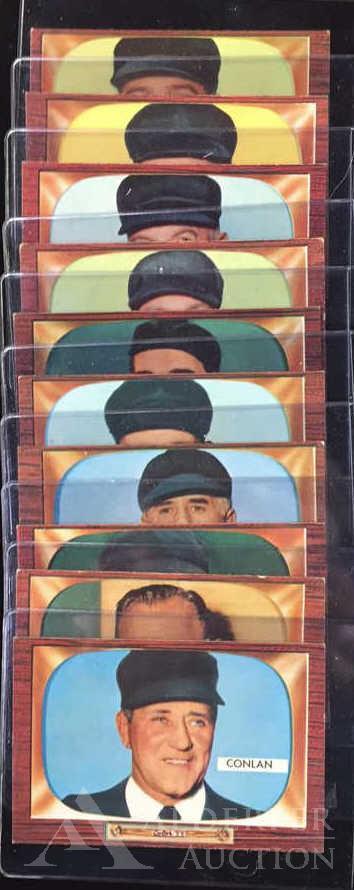 1955 Bowman Baseball Cards (10): Different 1955 Bowman baseball umpire cards(10) - #239 Rommel #250 Larry Napp, #260 Ed Hurley, #272 John Flaherty, #279 Hank Soar, #301 William Engeln, #303 J.B. "Jocko" Conlan (Hall of Fame), #305 Fr