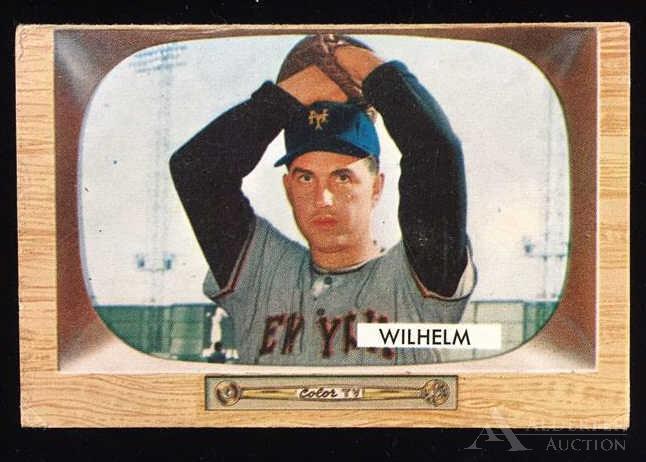1955 Bowman Hoyt Wilhelm baseball card: New York Giants Hall of Fame pitcher Hoty Wilhelm 1955 Bowman #1 baseball card (gum stain on bottom back right corner, nice centering, investment quality)