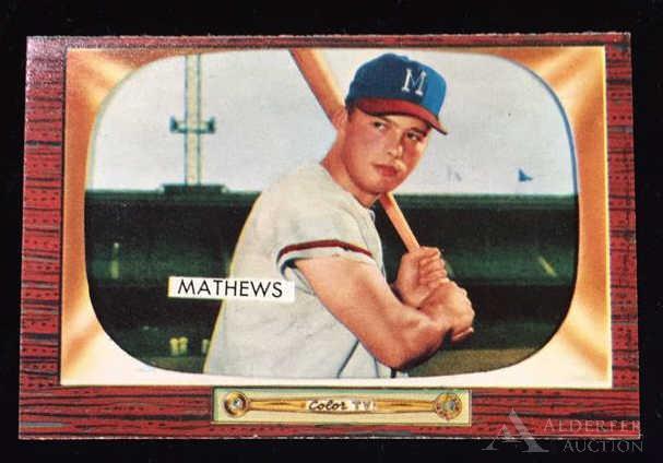 1955 Bowman Eddie Mathews baseball card: Milwaukee Braves Hall of Fame third baseman Eddie Mathews 1955 Bowman #103 baseball card (sharp corners, nice centering, wax pack fresh, investment grade)