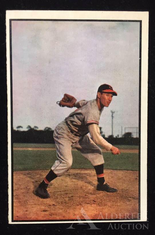 1953 Bowman Color Bob Feller baseball card: Cleveland Indians Hall of Fame pitcher Bob Feller 1953 Bowman color #114 baseball card (nice corners, wax pack fresh, investment quality)