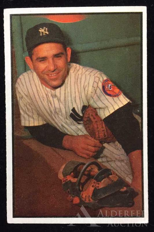 1953 Bowman Color Yogi Berra baseball card: New York Yankees Hall of Fame catcher Yogi Berra 1953 Bowman Color #121 baseball card (sharp corners, great centering, wax pack fresh, investment grade)