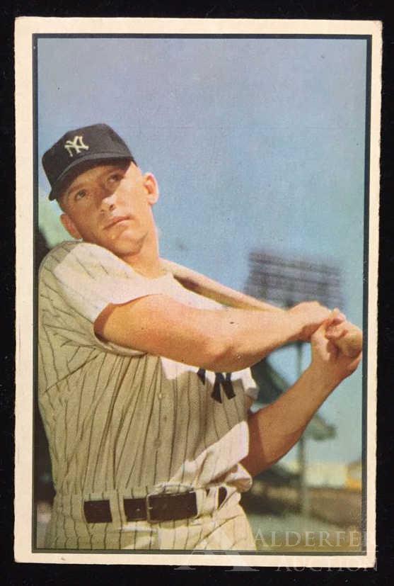 1953 Bowman Color Mickey Mantle baseball card: New York Yankees Hall of Fame outfielder Mickey Mantle 1953 Bowman color #59 baseball card (sharp corners, good centering, wax pack fresh, investment grade)