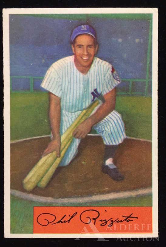 1954 Bowman Phil Rizzuto baseball card: New York Yankees Hall of Fame shortstop Phil Rizzuto 1954 Bowman #1 baseball card (sharp corners, very nice centering, wax pack fresh, investment grade)