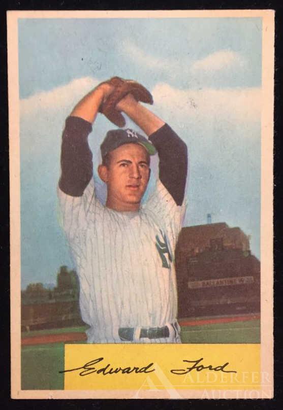 1954 Bowman Whitey Ford baseball card: New York Yankees Hall of Fame pitcher Whitey Ford 1954 Bowman #177 baseball card (sharp corners, nice centering, wax pack fresh, investment grade)