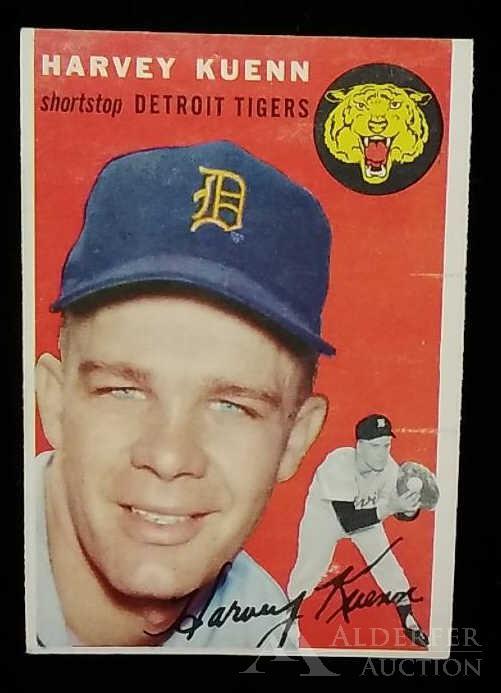 1954 Topps Harvey Kuenn baseball card: Detroit Tigers shortstop Harvey Kuenn 1954 Topps #25 rookie baseball card (sharp corners, good centering wax pack fresh, investment grade)