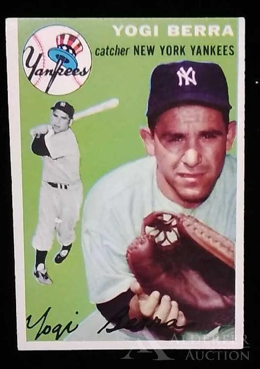 1954 Topps Yogi Berra baseball card: New York Yankees Hall of Fame catcher Yogi Berra 1954 Topps #50 baseball card (sharp corners, good centering, wax pack fresh, investment grade)