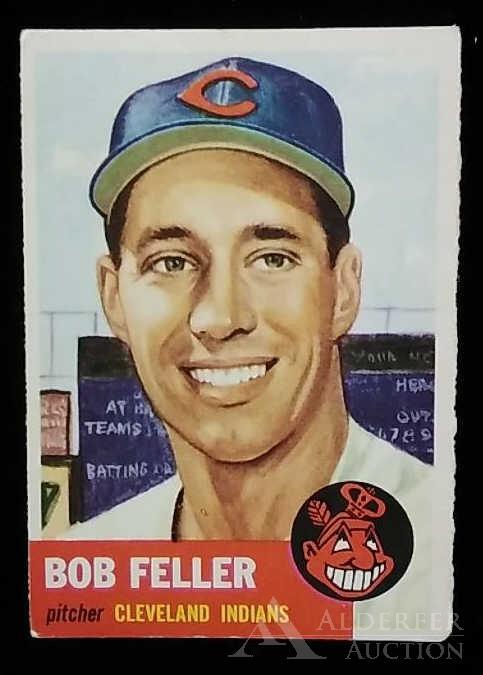 1953 Topps Bob Feller baseball card: Cleveland Indians Hall of Fame pitcher Bob Feller 1953 Topps baseball card (good corners, good centering, very light crease to right of left ear, collector grade)