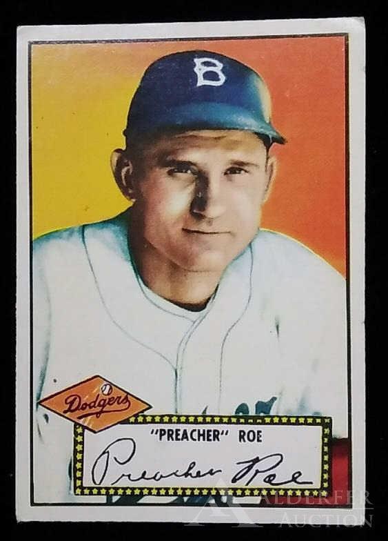 1952 Topps Preacher Roe baseball card: Brooklyn Dodgers pitcher Preacher Roe 1952 Topps #66 1st series red back baseball card (sharp corners, real nice centering, wax pack fresh, investment grade)