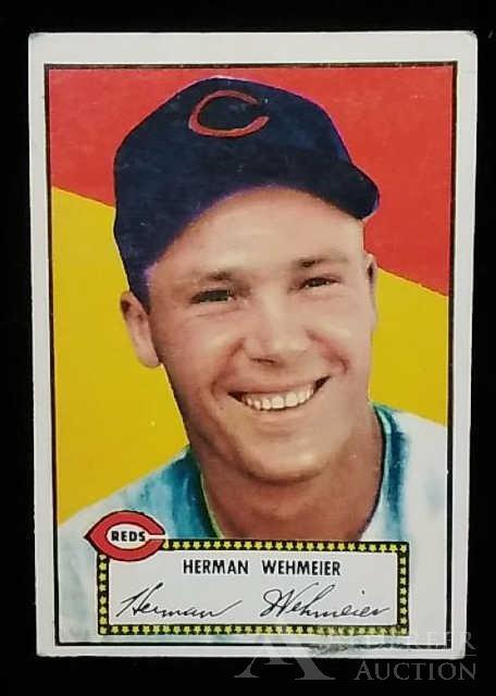 1952 Topps Herman Wehmeier baseball: Cincinnati Reds pitcher Herman Wehmeier 1952 Topps 1st series red back baseball card (nice corners, nice centering, investment grade)