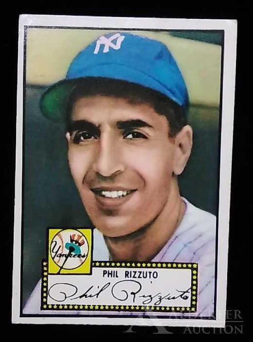 1952 Topps Phil Rizzuto baseball card: New York Yankees Hall of Fame shortstop Phil Rizzuto 1952 Topps #11 1st series red back baseball card (sharp corners, good centering, wax pack fresh, investment grade)