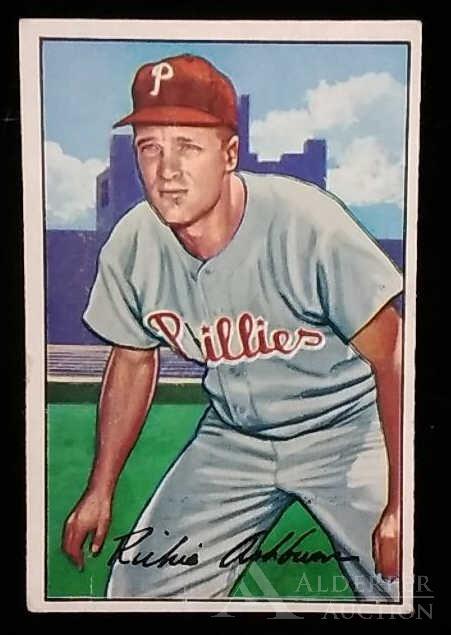 1952 Bowman Richie Ashburn baseball card: Philadelphia Phillies Hall of Fame outfielder Richie Ashburn 1952 Bowman #53 baseball card (sharp corners, good centering, wax pack fresh, investment quality)