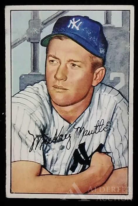 1952 Bowman Mickey Mantle baseball card: New York Yankees Hall of Fame outfielder Mickey Mantle 1952 Bowmqn #101 baseball card (nice corners, excellent centering, "X" written on back in blue ink)