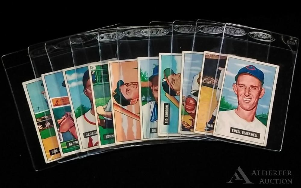 1951 Bowman baseball cards (10): Different 1951 Bowman baseball cards (10)- #9 Sam Chapman, #10 Red Schoendienst (Hall of Fame), #11 Red Munger, #15 Johnny Pesky, #17 Pete Castiglione, #18 Gil Coan, #19 Sid Gordon, #20 Del Crandell, 