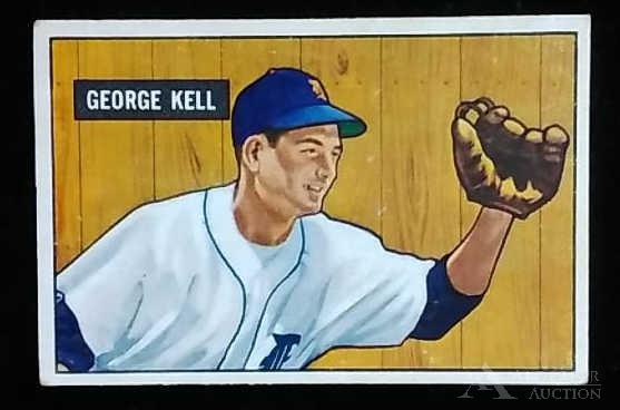 1951 Bowman George Kell baseball card: Detroit Tigers Hall of Fame third baseman George Kell 1951 Bowman #46 baseball card (sharp corners, very nice centering, blister pack fresh, investment grade)