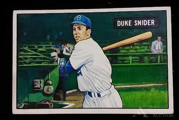 1951 Bowman Duke Snider baseball card: Brooklyn Dodgers Hall of Fame outfielder Duke Snider 1951 Bowman #32 baseball card (sharp corners, very nice centering, wax pack fresh, investment quality)