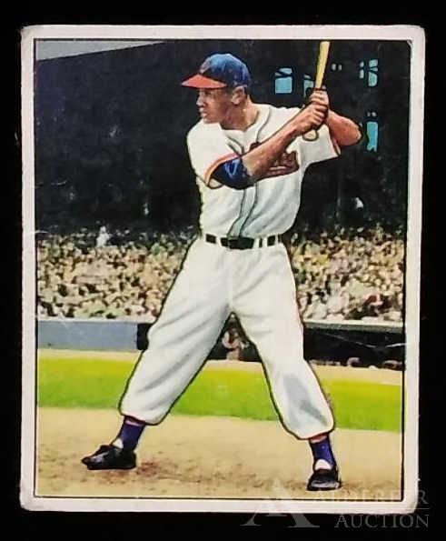 1950 Bowman Larry Dolby baseball card: Cleveland Indians Hall of Fame outfielder Larry Dolby 1950 Bowman #39 baseball card (very light 1/4 crease on right edge waist high)