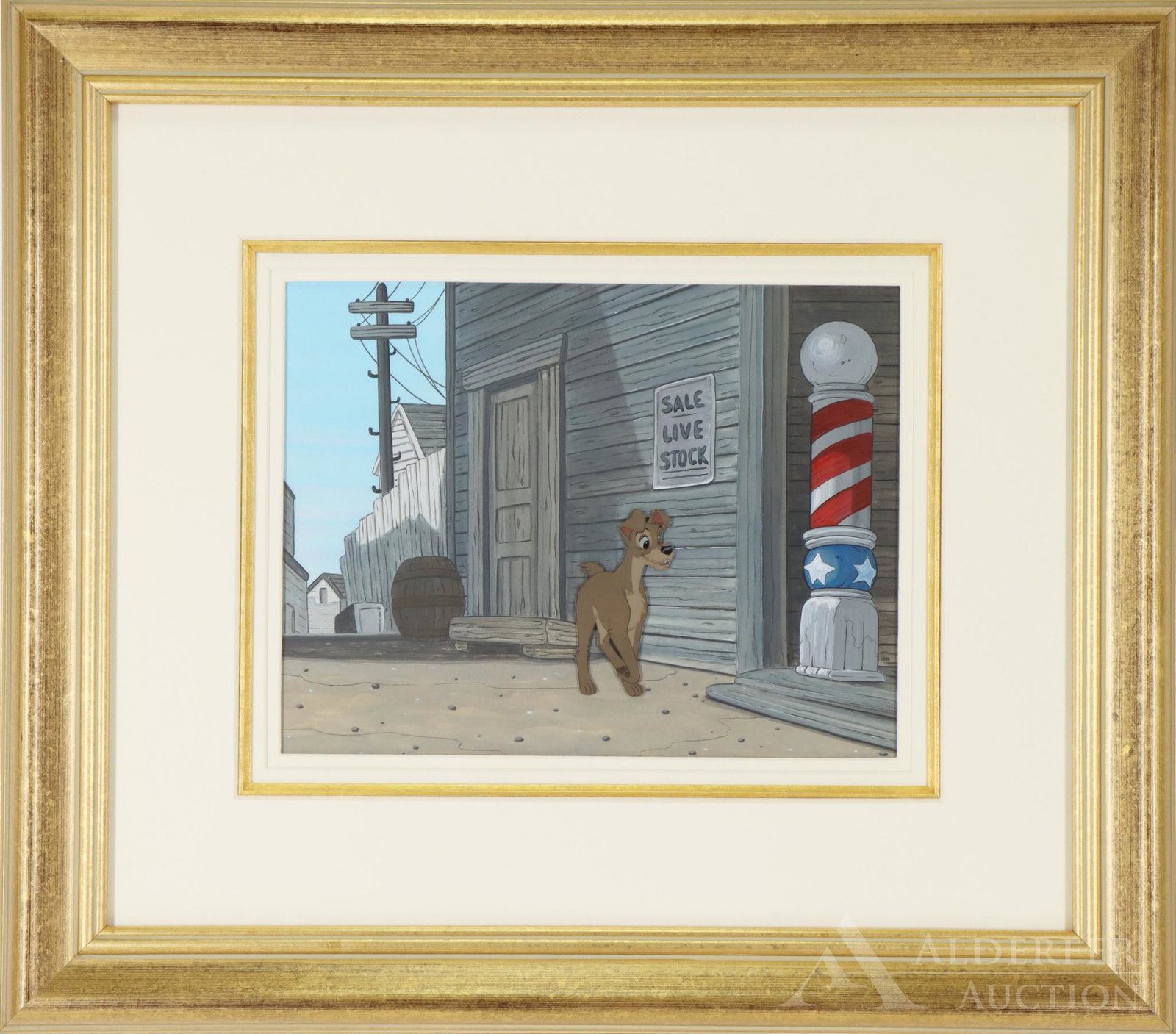 Walt Disney Original Production Cel, Lady and the Tramp: Walt Disney Original Production Cell from Lady and the Tramp, "Tramp", 1955. Includes Statement of Authenticity. 9"h x 12"w sight and 20"h x 22.25"w framed