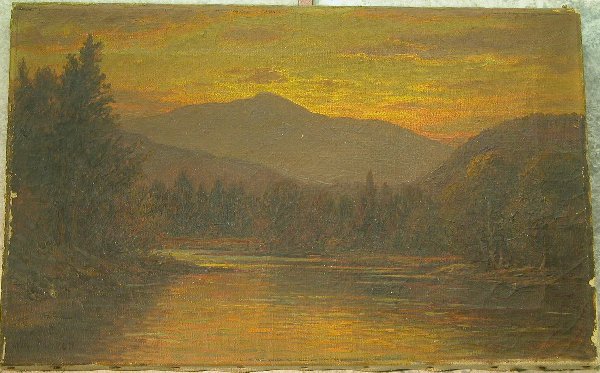 William Frederick Paskell.: William Frederick Paskell. Landscape depicting tree-lined lake with distant mountains, oil on canvas, 12" x 19", SLL: "Wm. Paskell". Artist: b. 1866, d. 1951, American. Condition: craquelure, losses a
