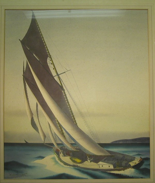 Sandor Bernath.: Sandor Bernath. Portrait of racing yacht, watercolor, 22 ½" x 19 ¼" sight, SLL: "Sandor Bernath". Artist: b. 1892, American.