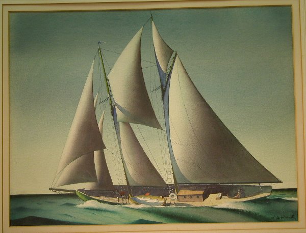Sandor Bernath.: Sandor Bernath. Portrait of two-masted ship under way with full sails, watercolor, 14 ½" x 19 ¼" sight, SLR: "Sandor Bernath". Artist: b. 1892, American.