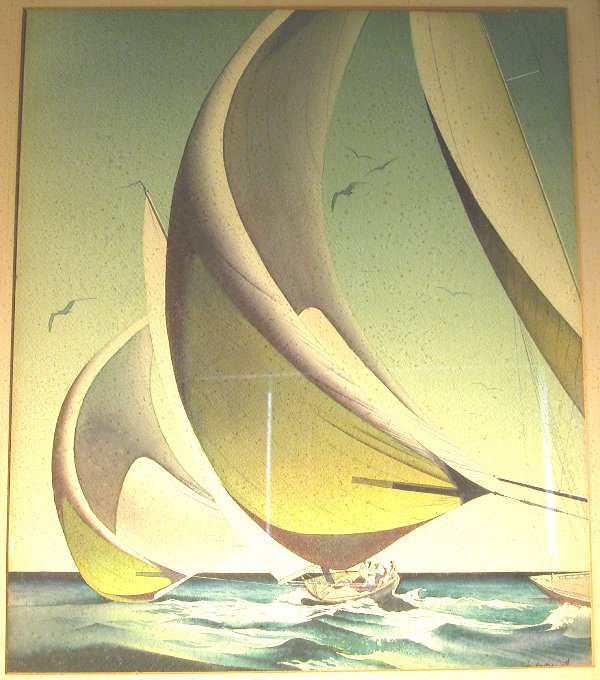 Sandor Bernath.: Sandor Bernath. Depicts racing boats in full sail, watercolor, 19 ½" x 16 ½" sight, SLR: "Sandor Bernath". Artist: b. 1892, American.