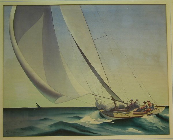 Sandor Bernath.: Sandor Bernath. Portrays several figures in boat with full sails, another boat in far distance, watercolor, 16 ½" x 20 ½" sight, SLL: "Sandor Bernath". Artist, b. 1892, American. Condition: foxing.