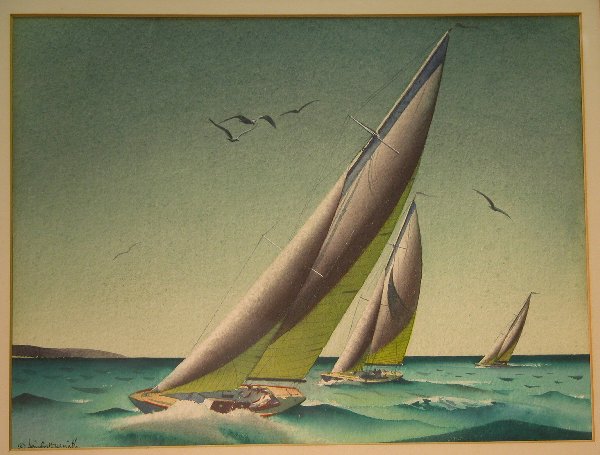 Sandor Bernath.: Sandor Bernath. Depicts 3 racing sailboats, flying birds, watercolor, 10 ½" x 14" sight, SLL: "Sandor Bernath". Artist: b. 1892, American.