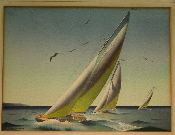 Sandor Bernath.: Sandor Bernath. Depicts 3 racing sailboats, flying birds, watercolor, 10 ½" x 14" sight, SLL: "Sandor Bernath". Artist: b. 1892, American.
