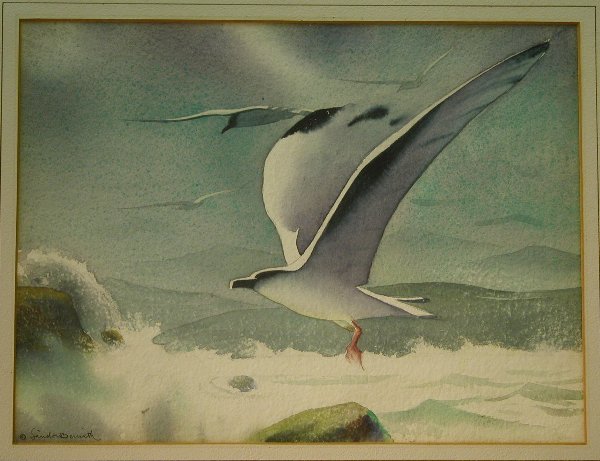Sandor Bernath.: Sandor Bernath. Depicts flying seagull above crashing waves, watercolor, 10 ½" x 14" sight, SLL: "Sandor Bernath". Artist b. 1892, American.