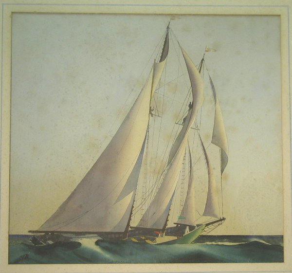 Sandor Bernath.: Sandor Bernath. Portrait of two-masted sailboat with full sails, watercolor, 14" x 15" sight, SLC: "Sandor Bernath". Artist, b. 1892, American. Condition: foxing.