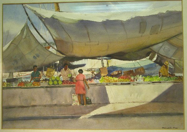 Ranulph Bye.: Ranulph Bye. Depicts market scene, watercolor, circa 1976, 21" x 30" sight, American Watercolor Society Label on reverse, SLR, "Ranulph Bye". Artist: b. 1916, Pennsylvania.