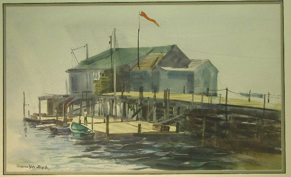 Ranulph Bye.: Ranulph Bye. Depicts wharf with boats, watercolor, circa 1970, 13" x 21" sight, SLL: "Ranulph Bye". Artist: b. 1916, Pennsylvania.