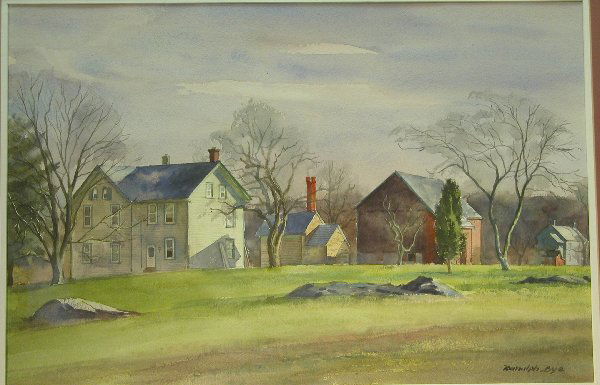 Ranuph Bye.: Ranuph Bye. Titled, "Bucks County Farmhouse", watercolor on paper, 14" x 21" sight, SLR: "Ranulph Bye." Artist: b. 1916, Pennsylvania.