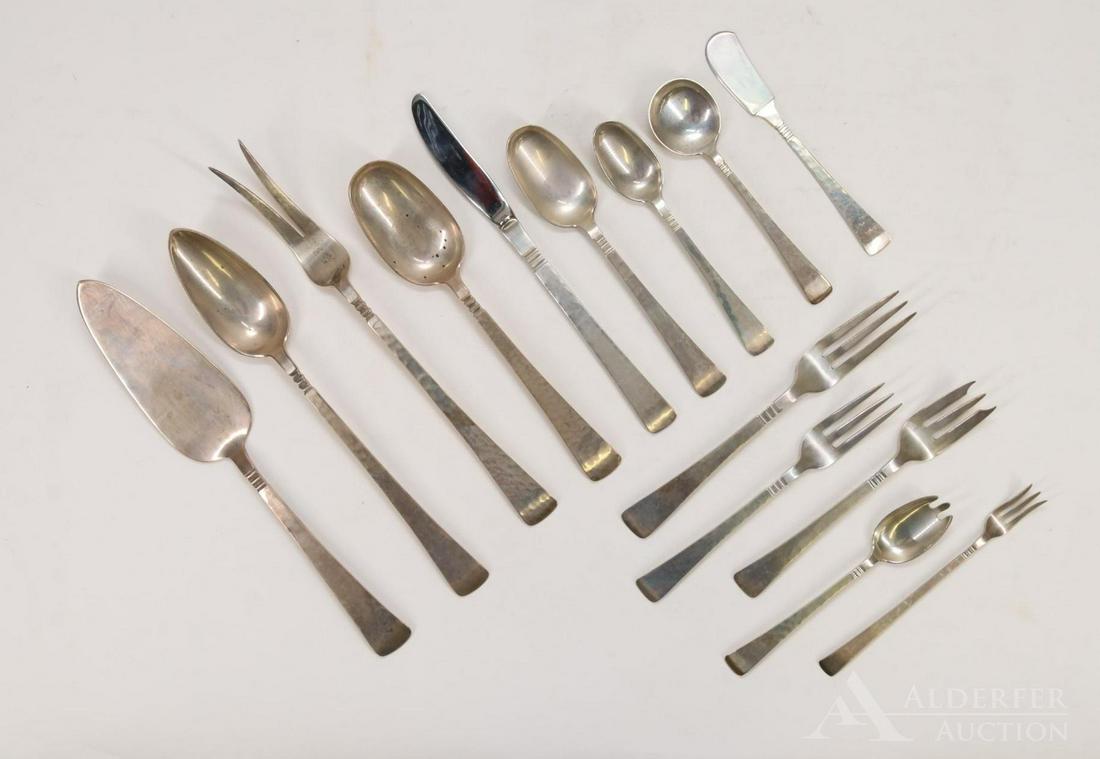 Porter Blanchard Sterling Silver Flatware Service,: 94 piece handmade arts and crafts sterling silver service by Porter Blanchard, in the Capri pattern, decorated with soft hammering and notched necks. Includes dinner, dessert, salad, oyster and ice cr