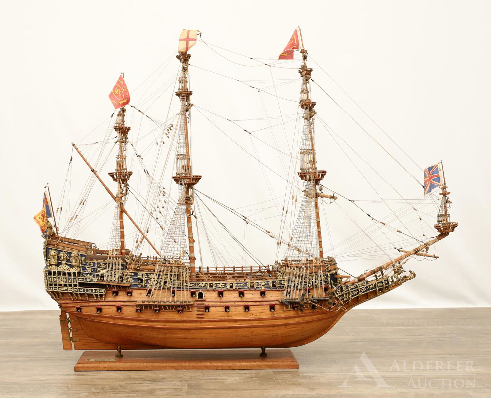1637 "Sovereign of the Seas" Model Ship: Hand built plank on bulkhead model ship "Sovereign of the Seas" c. 1637. Museum quality model. Scale is 1:78, circa 1940. Approximately 4000 hours to complete. 35"h x 43"w x 17"d