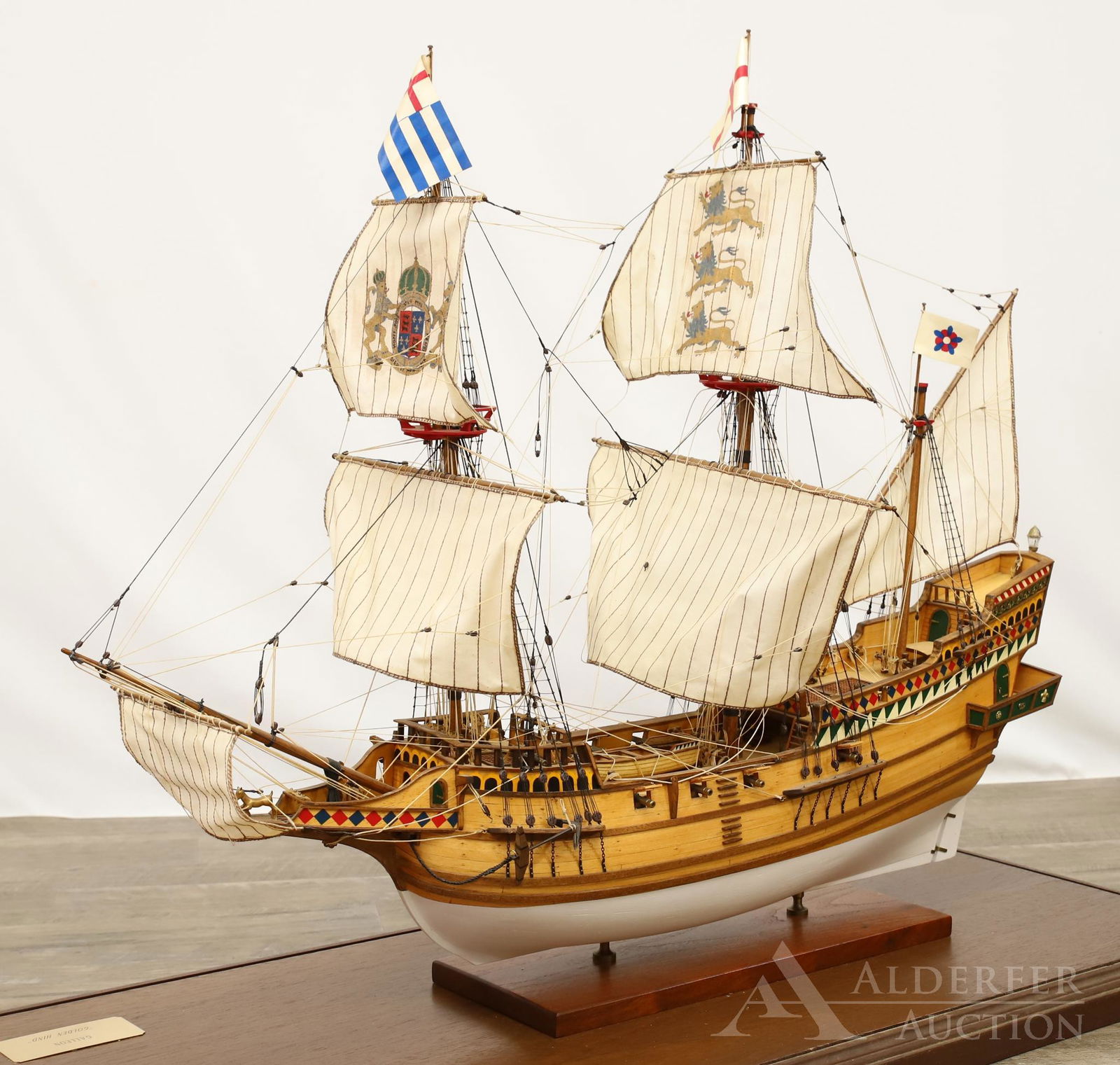 1577 Galleon "Golden Hind" Ship Model: Hand built plank on bulkhead model of Sir Francis Drake's 1577 Galleon "Golden Hind". Circa 1970. Ship measures 25"h x 26"w x 11"d