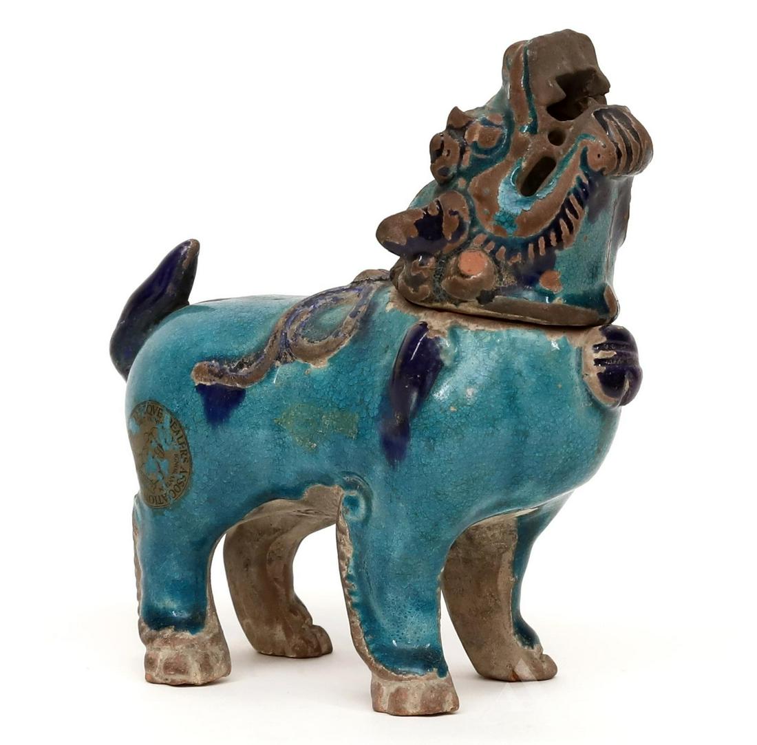 Chinese Ming Fahua Glazed Vessel: Chinese Ming Dynasty fahua glazed covered vessel in the form of a foo lion rearing its head. Provenance: Freeman's Auction and Christies Auction. 5.75"h x 5"w