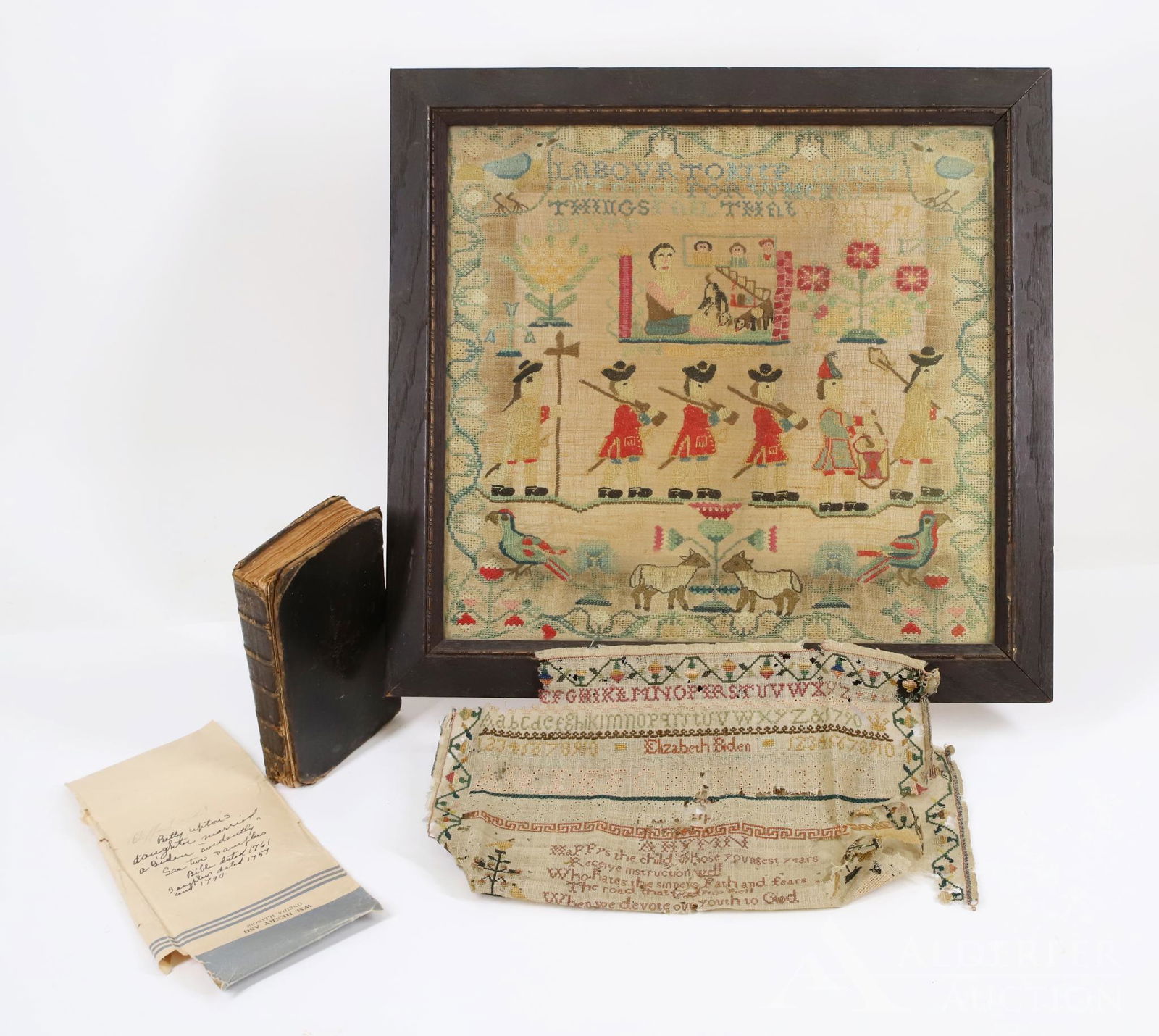 18th c. Needlework Samplers & Prayer Book: Historic French & Indian War (1754-1763)/Seven Year War (1756-1763) period sampler and prayer book grouping related to the Upton and Biden families. The premier item of this family grouping is a fine