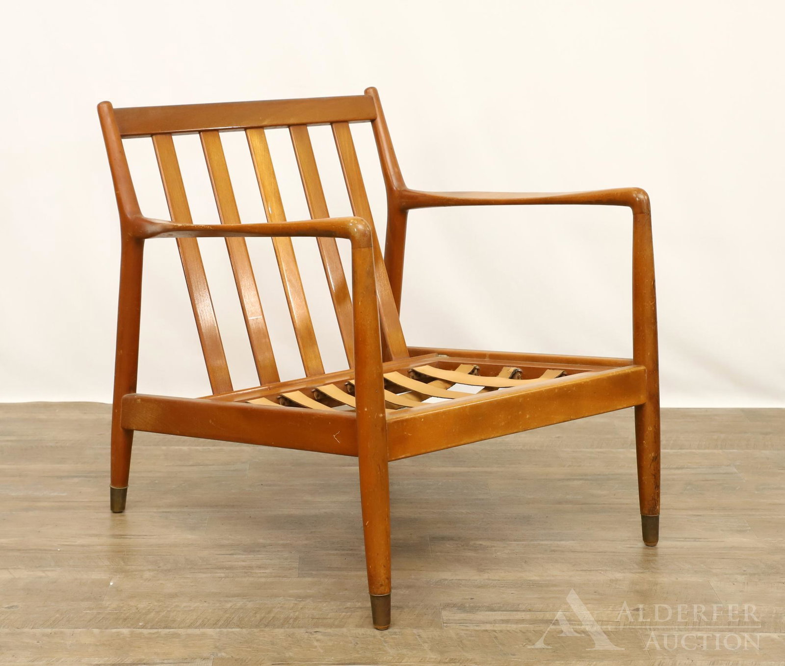 Scandinavian Dux Mid-Century Modern Arm Chair: Cherry with an angular continuous form. 27.5"h x 27"w x 26"d (16" seat height)