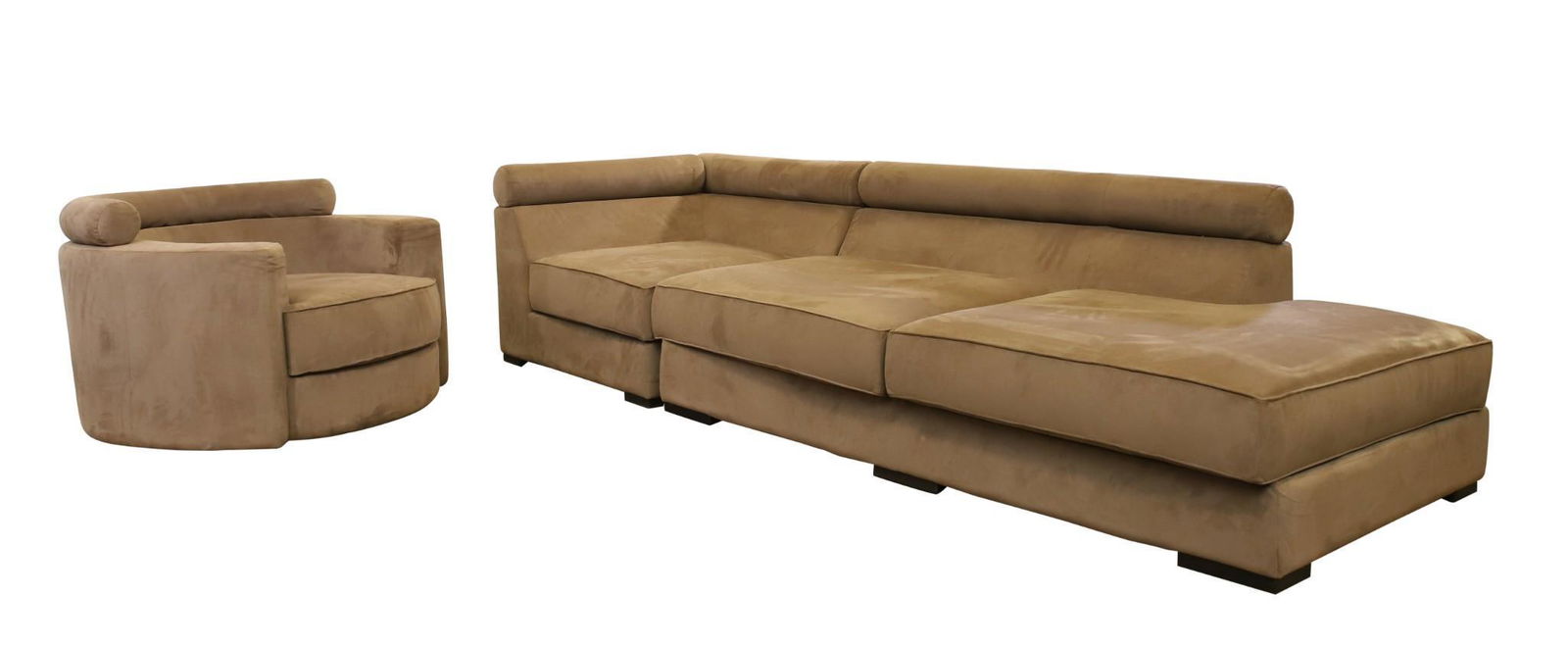 Roche Bobois Sofa and Swivel Lounge Chair: Two sectional sofa with one annex chair. Attributed to the Hans Hopfer design "Entr'acte" sofa. Soft leather suede seats and back filled with high dense cushioning foam. Sofa 26"h x 107"w x 36"d (