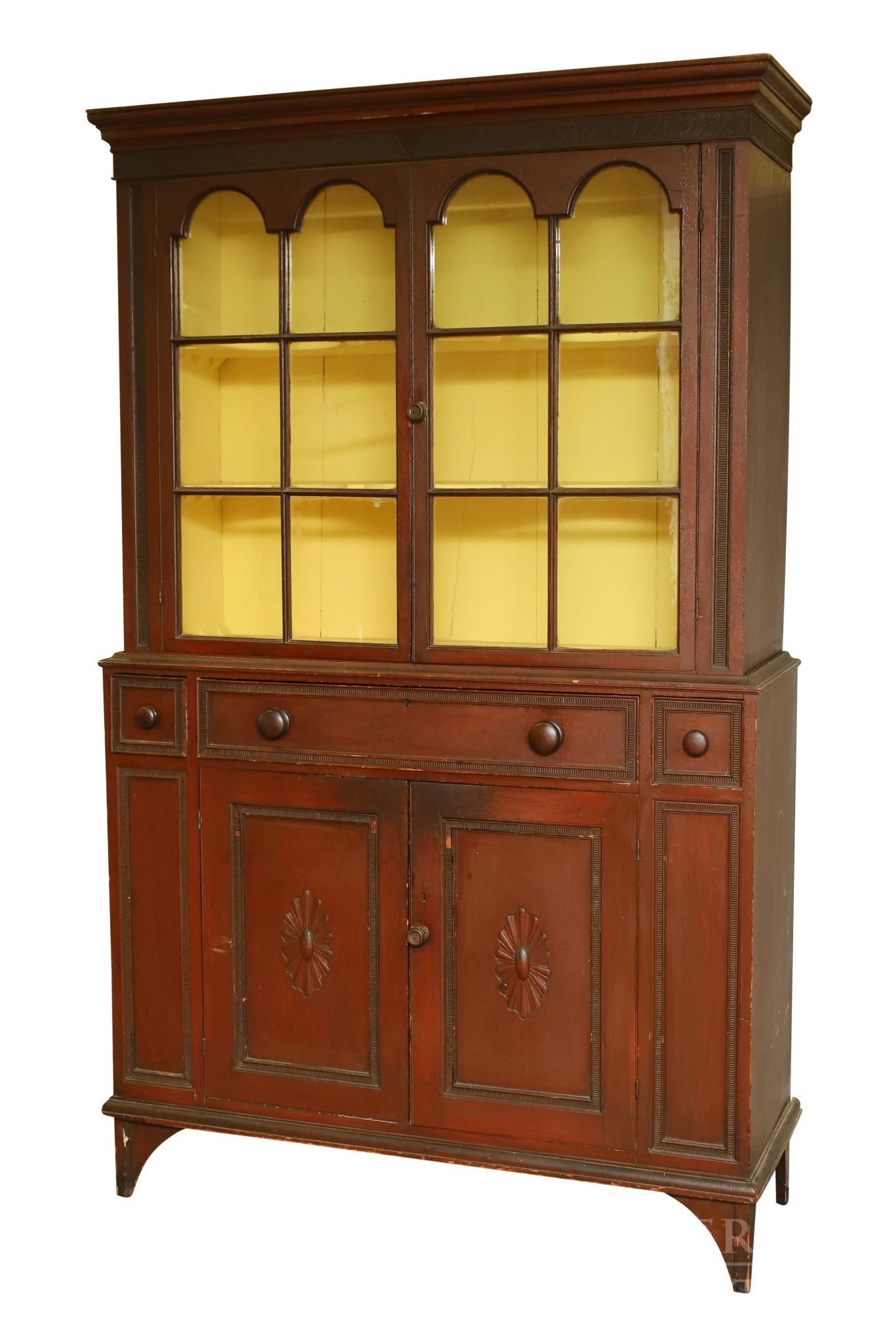 New Jersey Federal Flat Wall Cupboard: 19th c. Pine with original surface. Matchstick molding throughout with two double arched six lite glazed doors over three drawers over two doors on shaped feet. 85"h x 51"w x 18"d