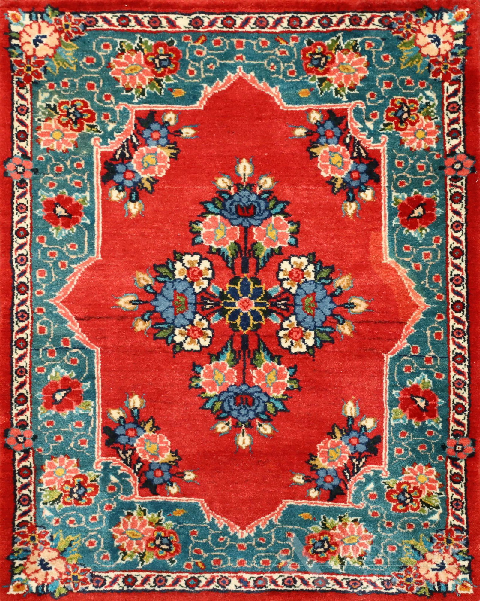 Persian Area Rug: Diamond medallion of floral bouquets in a red field with a light blue repeating floral main border. Hand woven. 3'2"l x 2'6"w