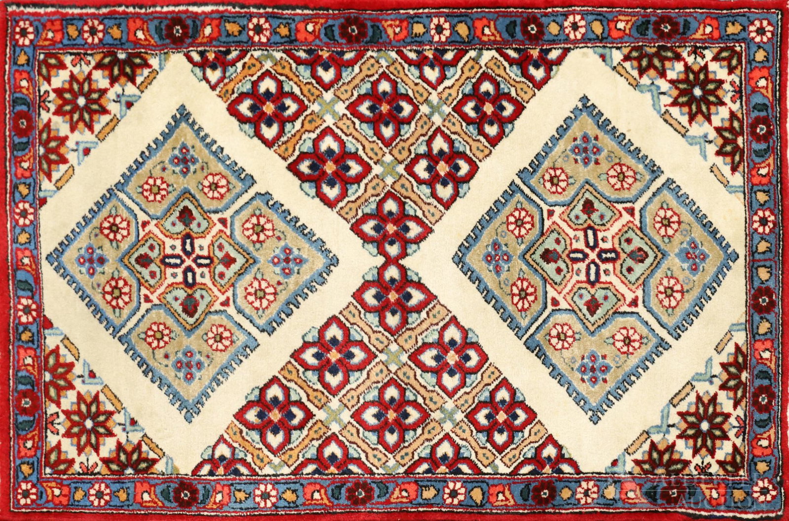 Persian Tabriz Area Rug: Double diamond ivory medallions with a repeating floral field and a light blue floral main border. Hand woven. Mid 20th c. 3'4"l x 2'w