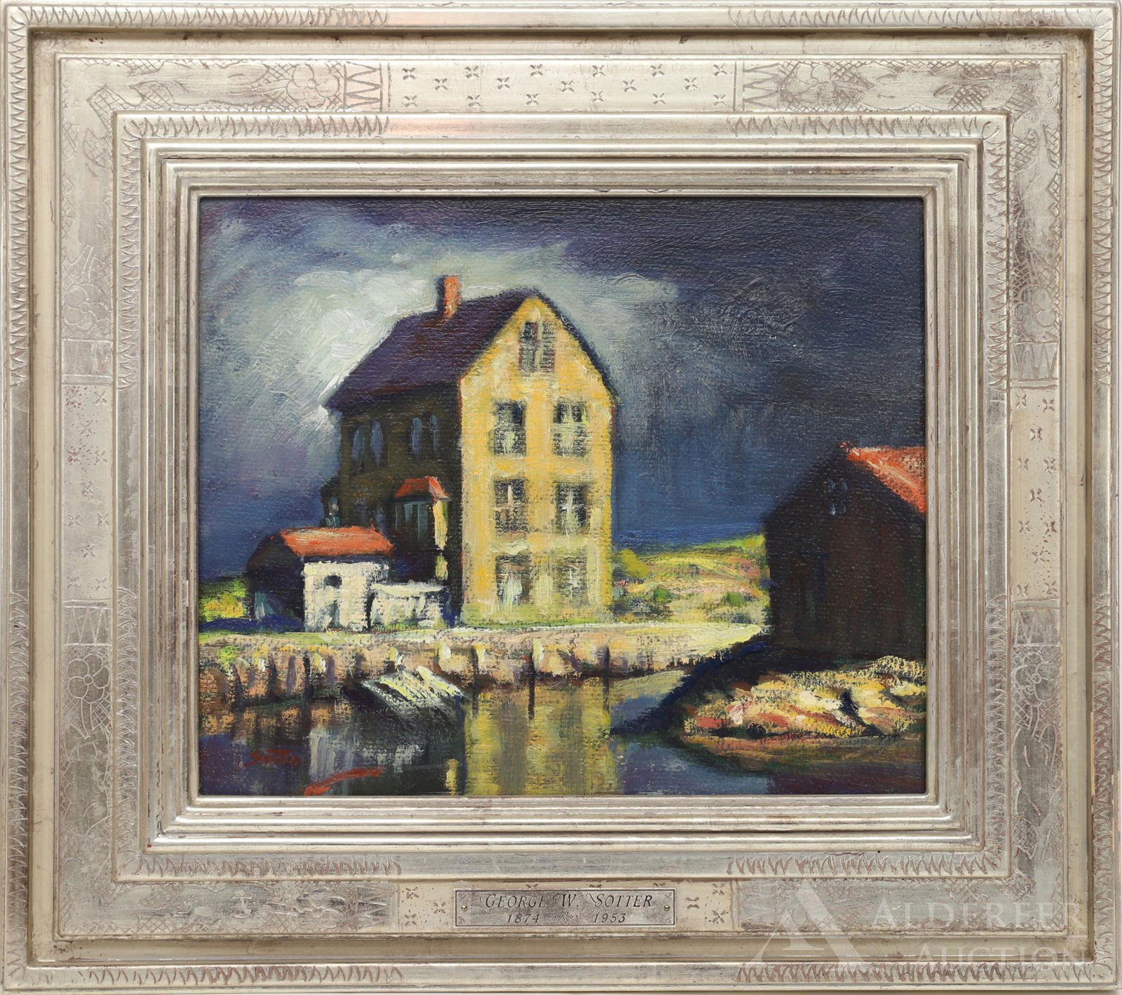 George William Sotter (1879 - 1953): Oil on board, "Moonlit House", SLL. Nocturne landscape of a home and outbuildings on a canal. Provenance: Purchased Jim's Antiques, 1998. 9.75"h x 11.5"w and 16"h x 18"w framed.