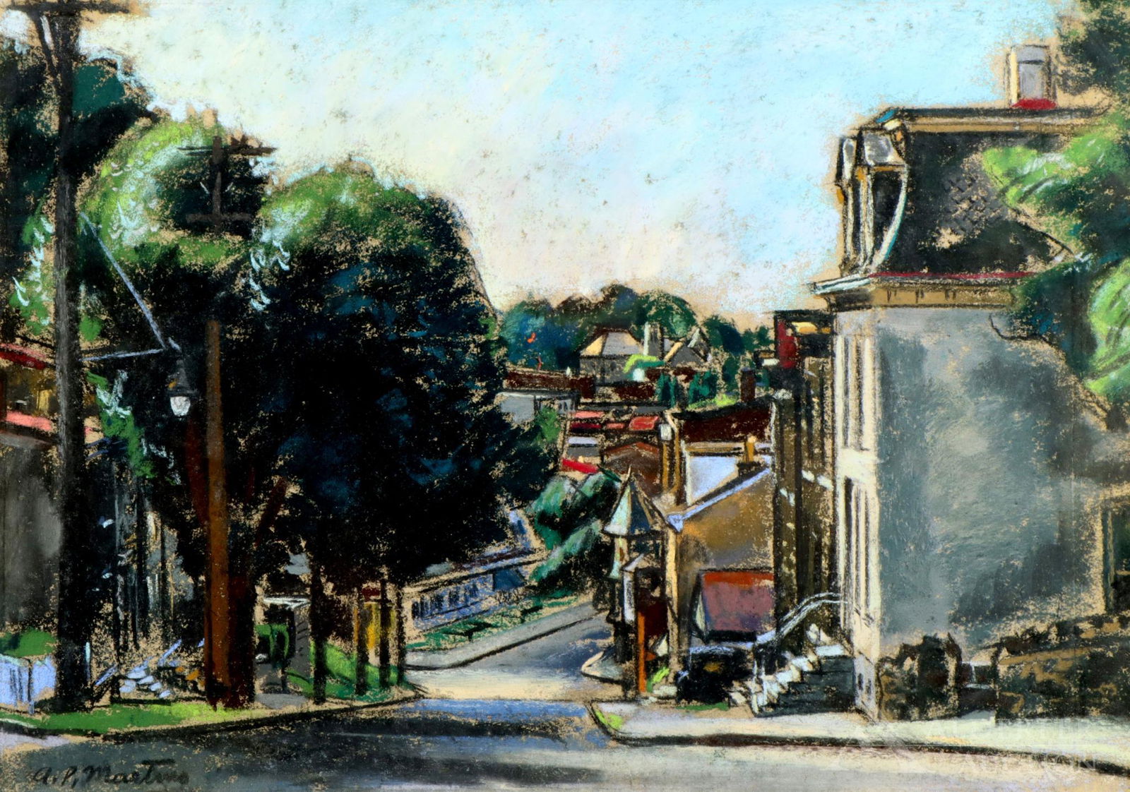 Antonio Pietro Martino (1902 - 1988): Pastel, "Terrace Street Hill" (Manayunk, PA), SLL. Urban landscape peering down a typical Manayunk street. Provenance: Bianco Gallery, 1995. 10"h x 14.5"w sight and 18"h x 22"w framed.