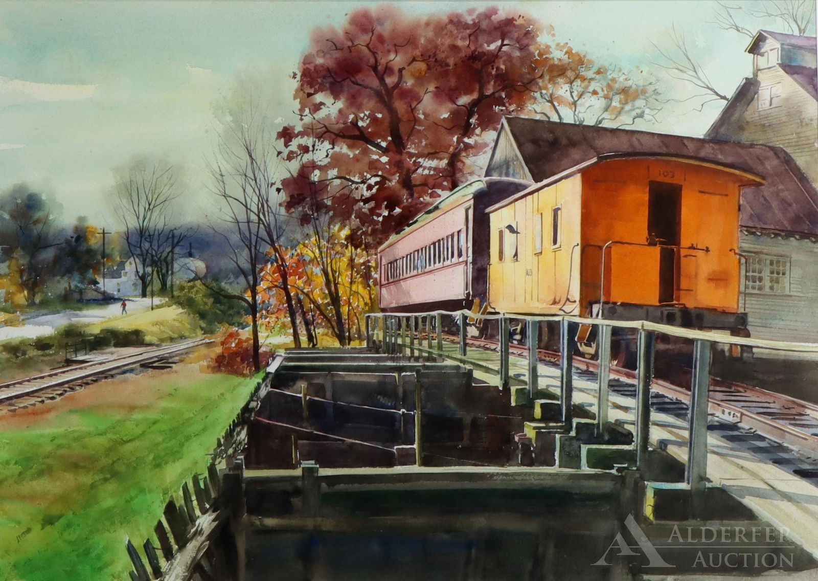 Ranulph Bye (1916 - 2003): Watercolor, "End of the Line (Wycombe, Pa", SLL. Autumn landscape overlooking a train station with a passenger car and caboose. (loss to one corner of the frame) 20"h x 28"w sight and 31.5"h x 38.5"w